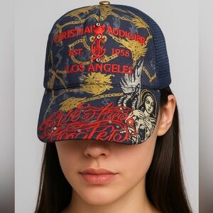 Christian Audigier Embellished Trucker Hat – Los Angeles – Denim & Mesh